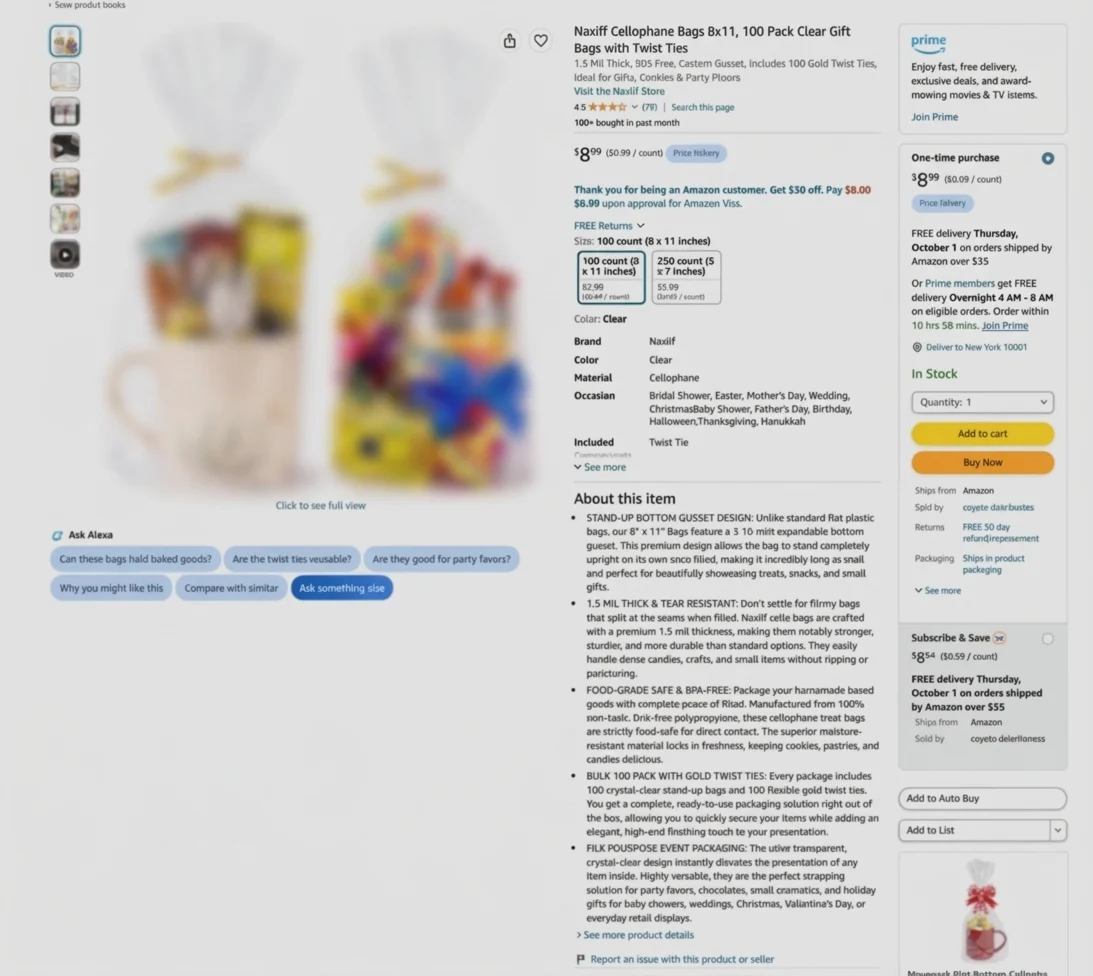 Updated Amazon product detail page for Naxlif cellophane bags
