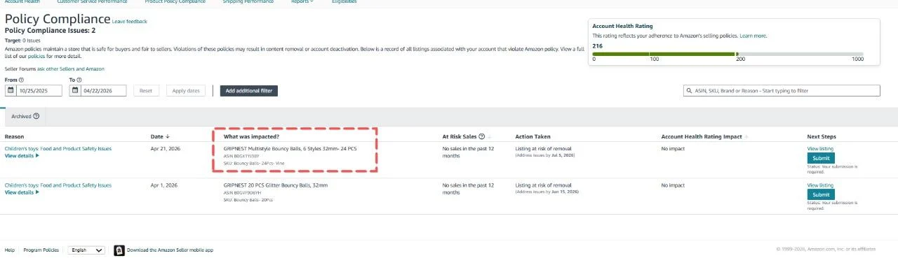 Account Health Policy Compliance page listing the children's toy compliance issue