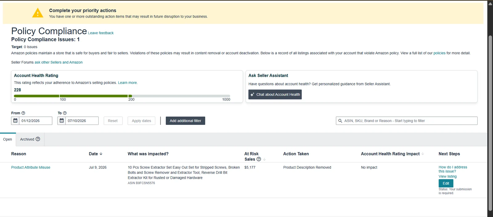 Account Health showing the Product Attribute Misuse Priority Action