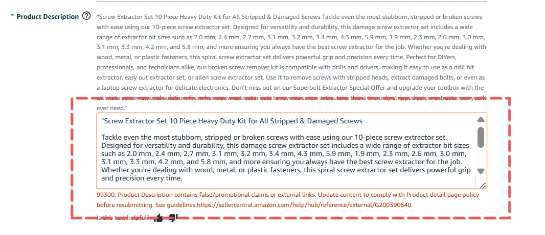 Product description flagged for promotional claims, with the corrected description