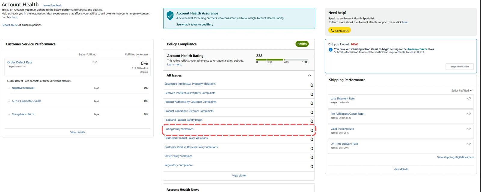 Account Health dashboard after the issue was resolved